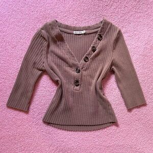 Heart Hips Ribbed V-Neck Button-Up Blouse - Brown